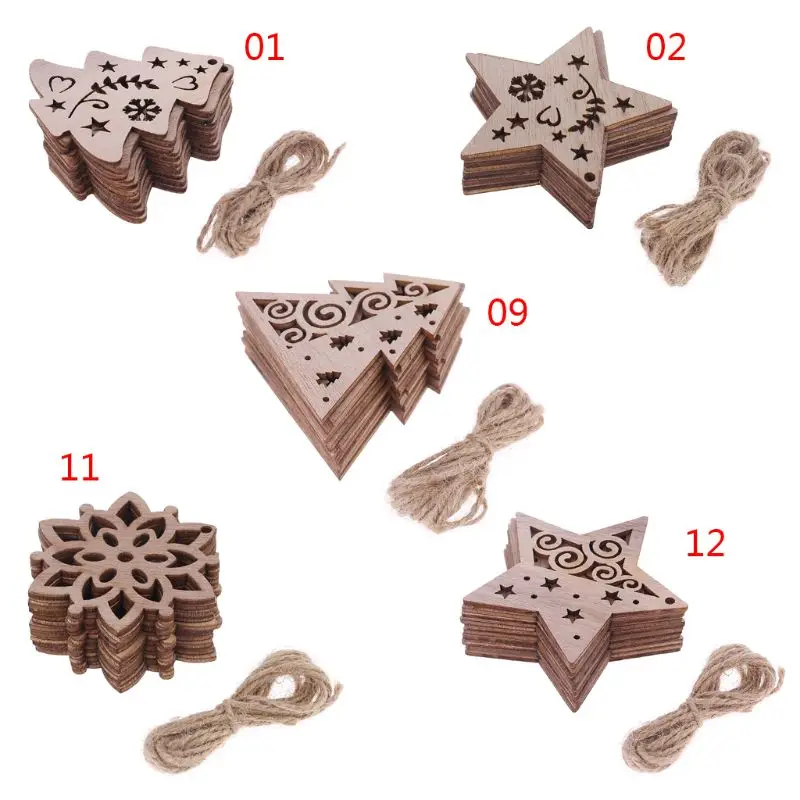 

10pcs/set Christmas Tree Star Snowflake DIY Wooden Pendant Hanging Ornaments DIY Crafts Party Home Decor X4YD