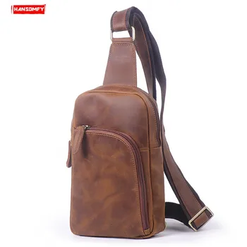 

2020 New Genuine Leather Men Chest Bag Casual Shoulder Messenger Bag Large Capacity Crossbody Bag Retro Crazy Horse Leather Male