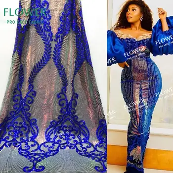

Royal Blue Senegal Nigerian Sequins Mesh Net Lace Fabric Noble Embroidered Seuqined African Tulle Bride Or Bridesmaid Material