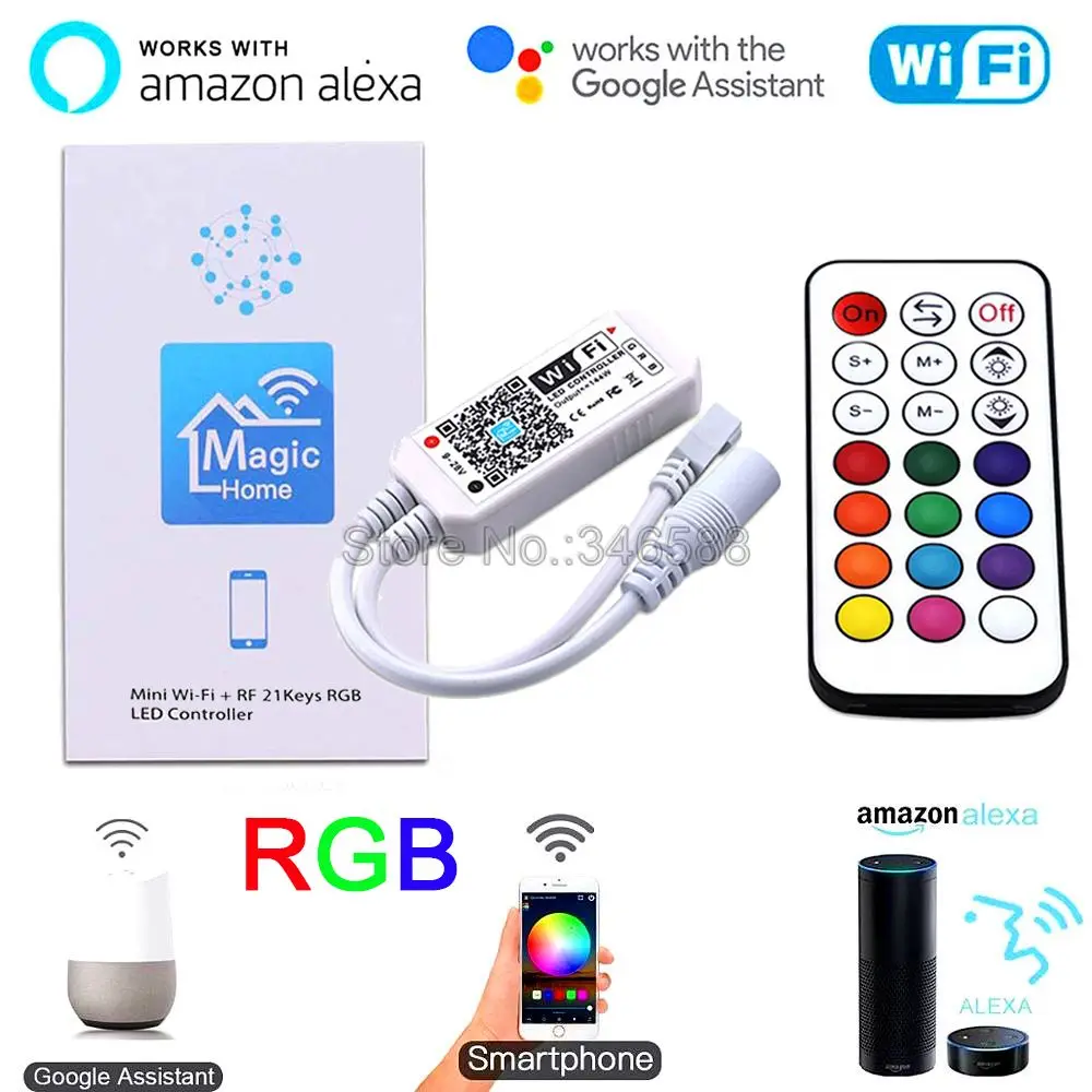 #Best Magic Home WiFi RGB Controller 24Key RF Remote amp; Alexa Google Home Voice amp; Smartphone APP Control for 12V 24V RGB SMD LED Strip