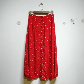 

Women's Red Floral Print Skirt Retro High Waist Front Button Split Prairie Chic Knee-length Skirt