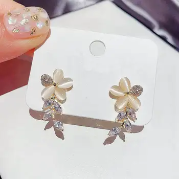 

Micro Pave Zircon Leaf Opal Flower Stud Earrings For Women High Grade Jewelry Ear Cuffs Bijoux