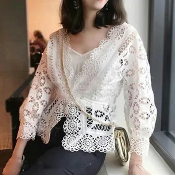 

Women Shirt 2019 New Products Hollow Waist Lace Crochet Lace V-neck Blouse