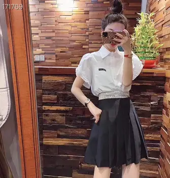 

2020 New Woman Top Fashion pleated skirt Diamonds high waist runway designer Black Mini skirt female Sexy Girls spring