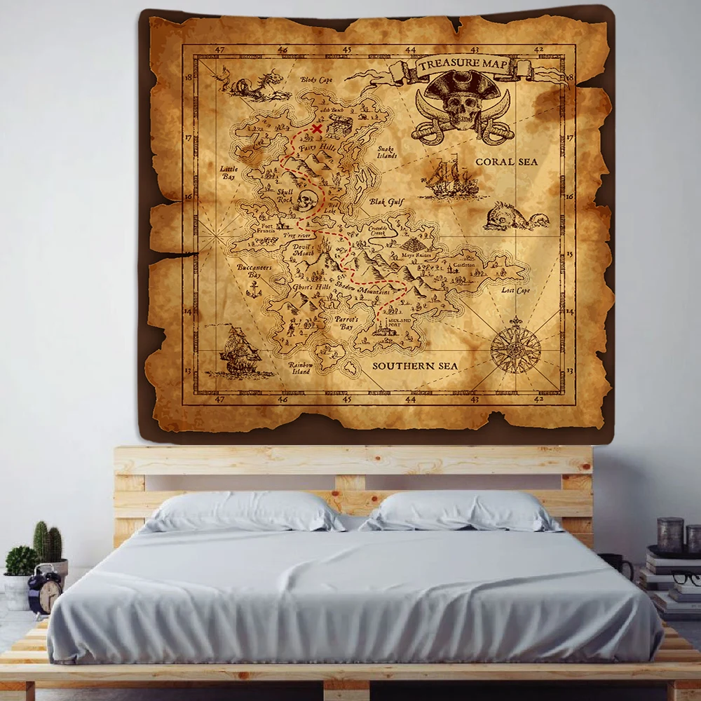 Pirate Treasure Map Tapestry Wall Hanging Bohemian Beach Mat Polyester Thin Blanket Yoga Shawl Mat Blanket