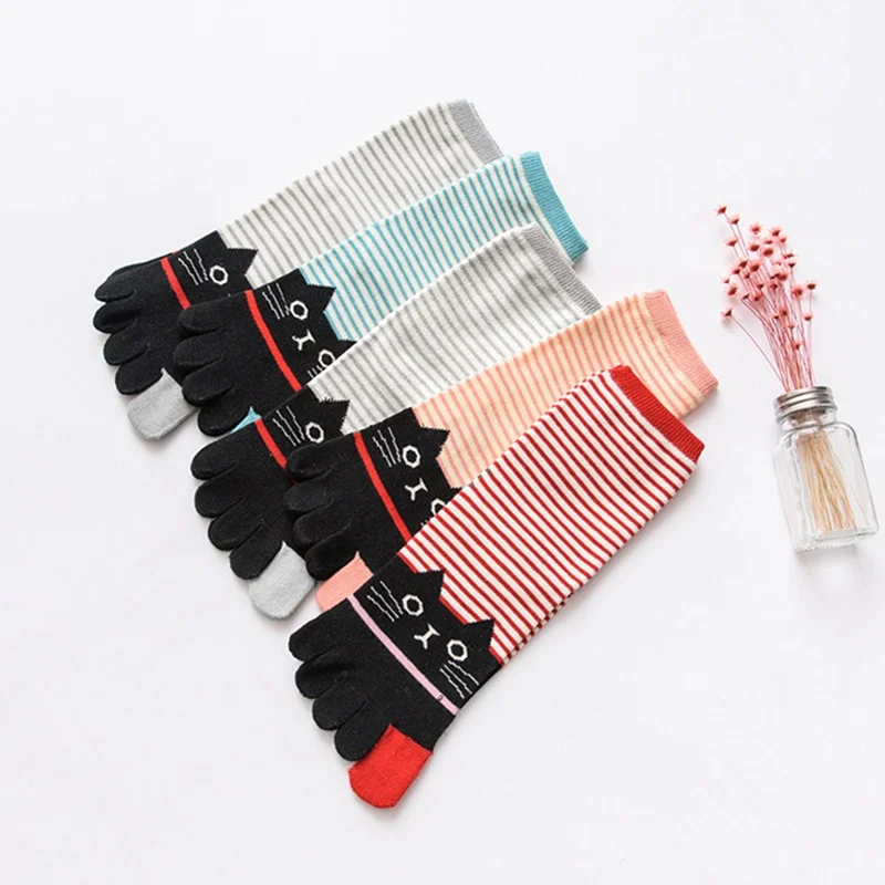 Зимние Разноцветные носки для девочек в стиле Харадзюку С Рисунком кота, носки с пятью пальцами, хлопковые забавные носки до лодыжки