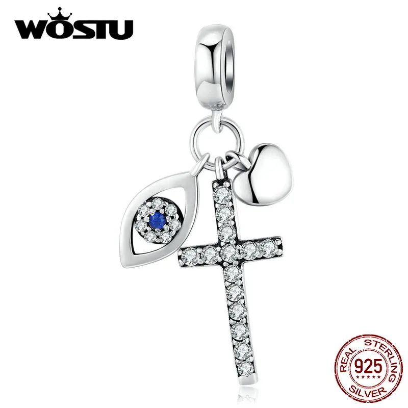 WOSTU реальные 925 серебряный крест глаз браслеты с подвесками в форме сердца