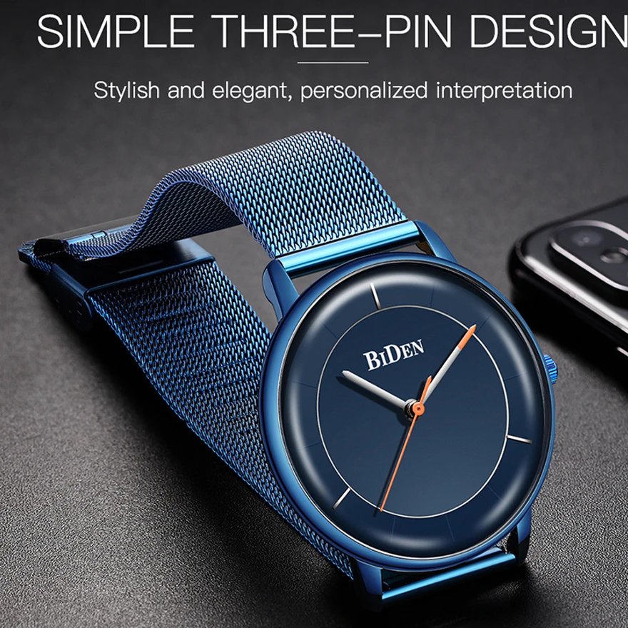 

BIDEN Luxury Men Watch Quartz Ultra Thin Slim Steel Mesh Strap Wristwatch Minimalist Waterproof Business Clock relogio masculino