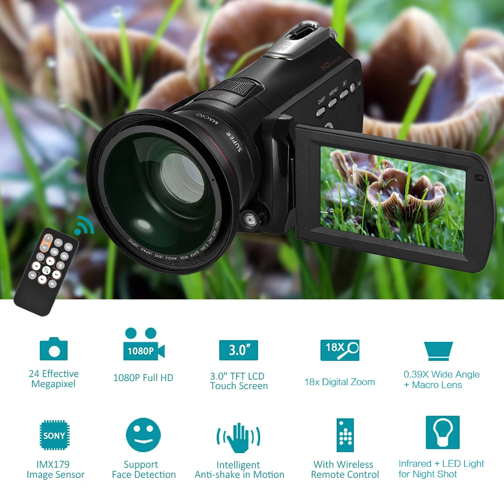 Andoer HDV-D395 " WiFi цифровая видеокамера 1080P 24M с широкоугольным объективом 0.39X 72 мм+ макрообъектив/ИК инфракрасное ночное видение