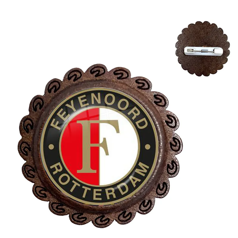 Feyenoord Rotterdam Glass Cabochon Wood Brooch Football Leagues Logo Soccer Club Collar Pin For Women Men Fans Gift