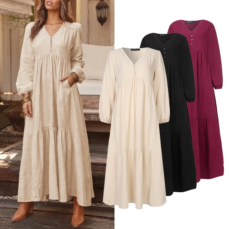 

Shirt Dress Women's Maxi Sundress ZANZEA 2020 Spring Elegant Casual V Neck Ruflle Vestido Female Long Sleeve Tunic Robe
