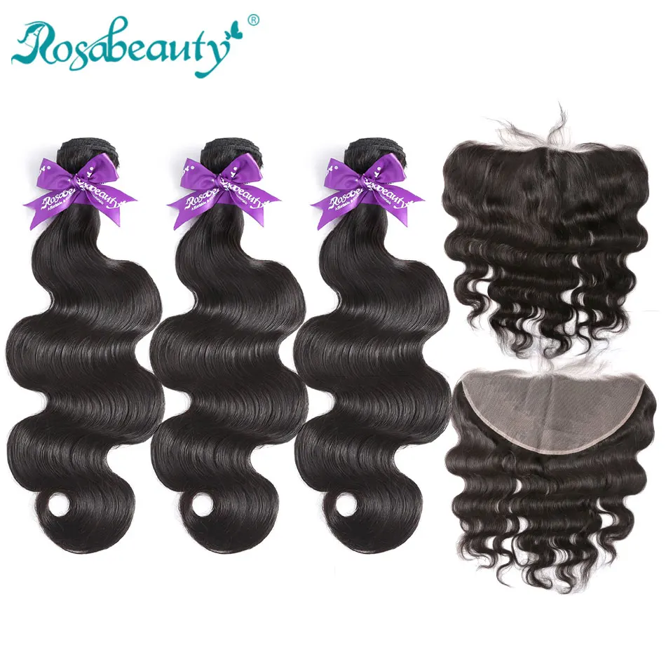 

Rosa beauty #1B 8”-40" Brazilian Human Hair Weave Body Wave 3 4 Bundles With Lace Frontal Closure Remy Hair 28 30 32 34 40 Inch