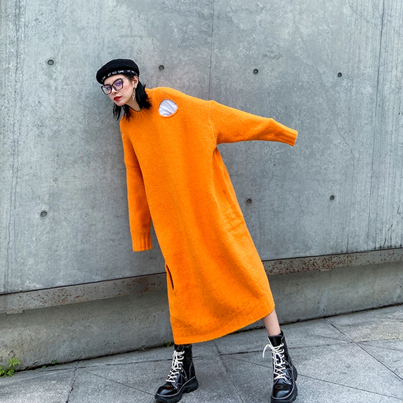 [EAM] женское оранжевое длинное трикотажное платье большого размера, новинка, круглый вырез, длинный рукав, свободный крой, мода, весна-осень, 19A-a389