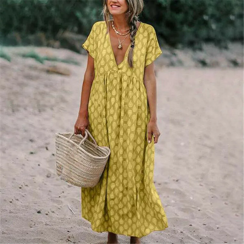 

Summer Dresses Boho Sexy Women V-neck Sundress Print Beach Short Sleeve Party Long Dress Plus Size Vestidos S-2XL