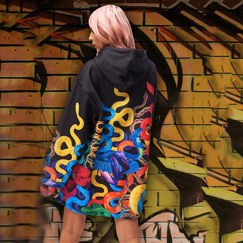InsGoth, Женская толстовка с капюшоном большого размера, в стиле панк, уличная одежда, Harajuku, свободная, гранж, черного цвета, с принтом граффити, Длинная толстовка с капюшоном, пуловер