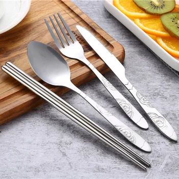 

Knife Fork Spoon Chopsticks Utensils Set Stainless Steel Flatware With Zipper Case For Travel 4Pcs/Set Portable