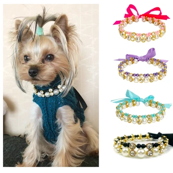 

Noble Beautiful Alloy Pet Cat Dog ID Tag Anti-lost Ribbon Pearl Necklace Pet Cat Dog Collar Accessories For Small -Large Dogs20E