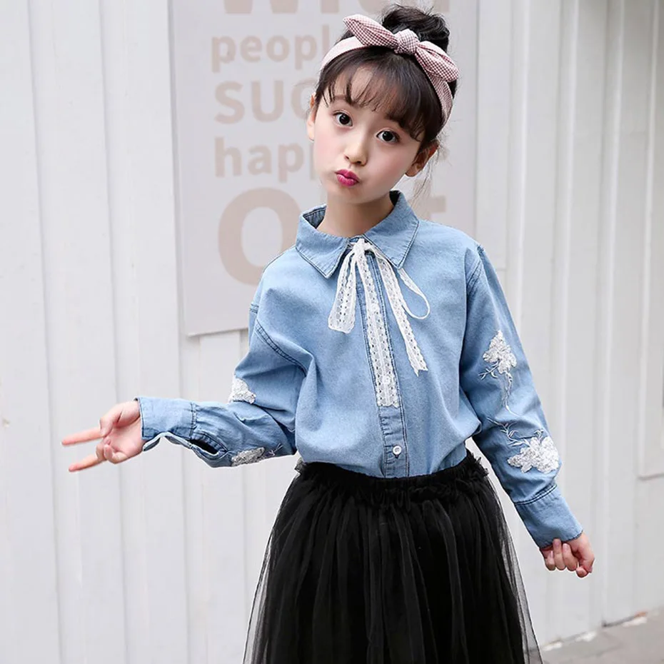 Blouse For Girls Flower Embroidery Denim Full Length Shirt Children Spring Autumn Clothes Age 6 8 10 12 1 | Мать и ребенок