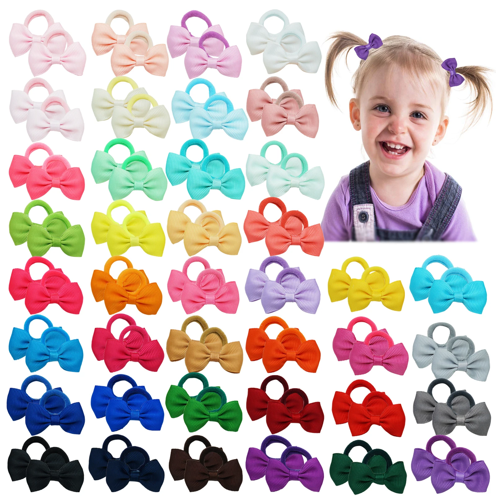 80PCSBabyGirlsHairTies2InchGrosgrainRibbonMiniHairBowsElasticRubberHairBands
