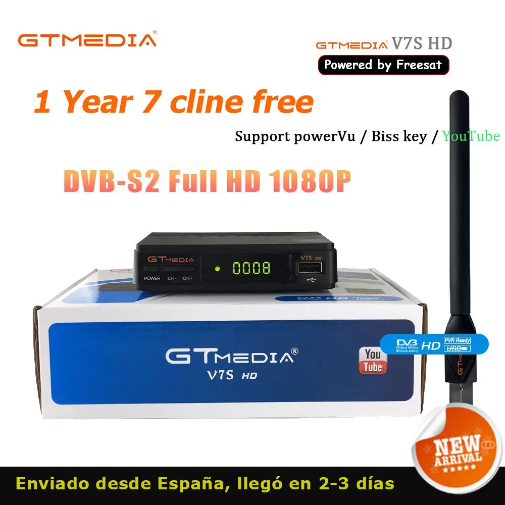 1 год Европа 7 Clines сервер GTMedia V7S HD цифровой спутниковый ресивер DVB S2 Full 1080P + USB wifi