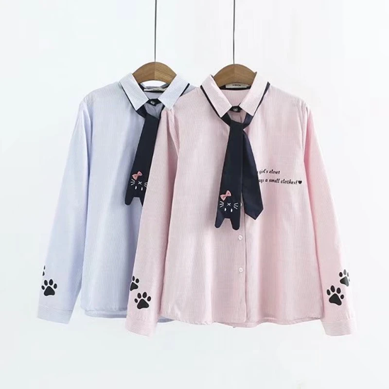 

Autumn Japanese Preppy Style Female Women Mori Girl Blouse Striped Cartoon Long Sleeve Necktie Shirt Tops Blouse Blue/Pink AFC39