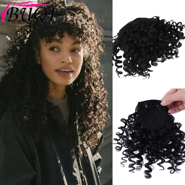 BUQI 6 cinches Clip In Hair Bangs Hairpiece Black Blonde Synthetic Fake  Bangs Deep Curly Bangs