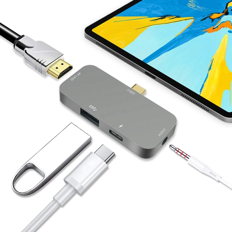 Мини usb-хаб для IPad Pro-4 в 1 USB C концентратор с PD зарядкой, 3,5 мм разъем для наушников, 4K HDMI, USB 3,0 для MacBook Pro /2