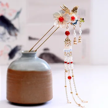 

Creative Flying Bird Shell Flower Tassel Kanzashi Step Shake Hair Accessory Cosplay Hanfu Hair Stick for Women Jewelry