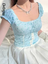 

Darlingaga Y2K Sweet Cute Frills Lace Patchwork Summer T-shirt Female Floral Print Hook Slim Crop Top Square Collar Korean Shirt