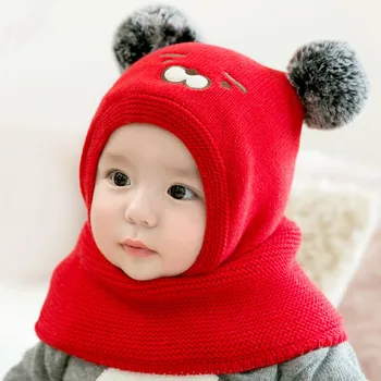 

Cartoon Bear baby hat bib Siamese autumn and winter infant boys and girls baby wool hat thick warm children's hat kids beanies