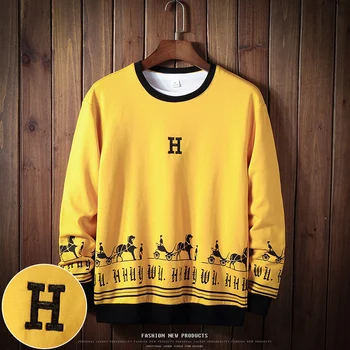 

2019 UYUK Autumn New Print Embroidery Casual Fashion Trend Slim Round Collar Pullover Young Men Hooded Harajuku Masculino