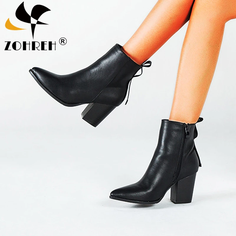

2020 Autumn Winter PU Leather Western Ankle Boots Women Pull-Tab High Heels Booties Chunky Heel Short Botas Woman Shoes Size 43