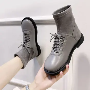 

Autumn/winter 2020 Korean Version Lace-Up Women's Round Toe Leather Boots Casual Socks Boots Middle Tube Boots Size