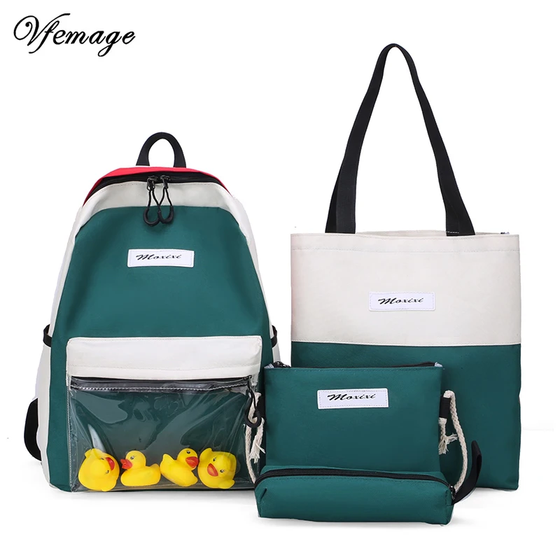 

Vfemage 4pcs/set Panelled Backpack For Teenagers Students Canvas Backpack Women Shoulder Bag Pencil Case With Duck Mochila 2019