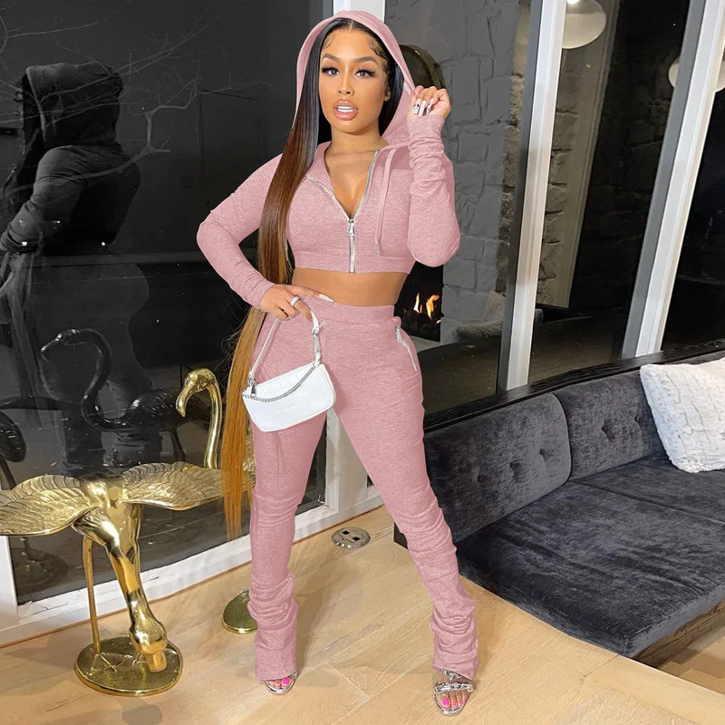 

Women Tracksuits Casual Two Piece Sets Zipper Hooded Long Sleeve Short Jackets and Stacked Sweatpant Y2K Harajuku Jogging Suits