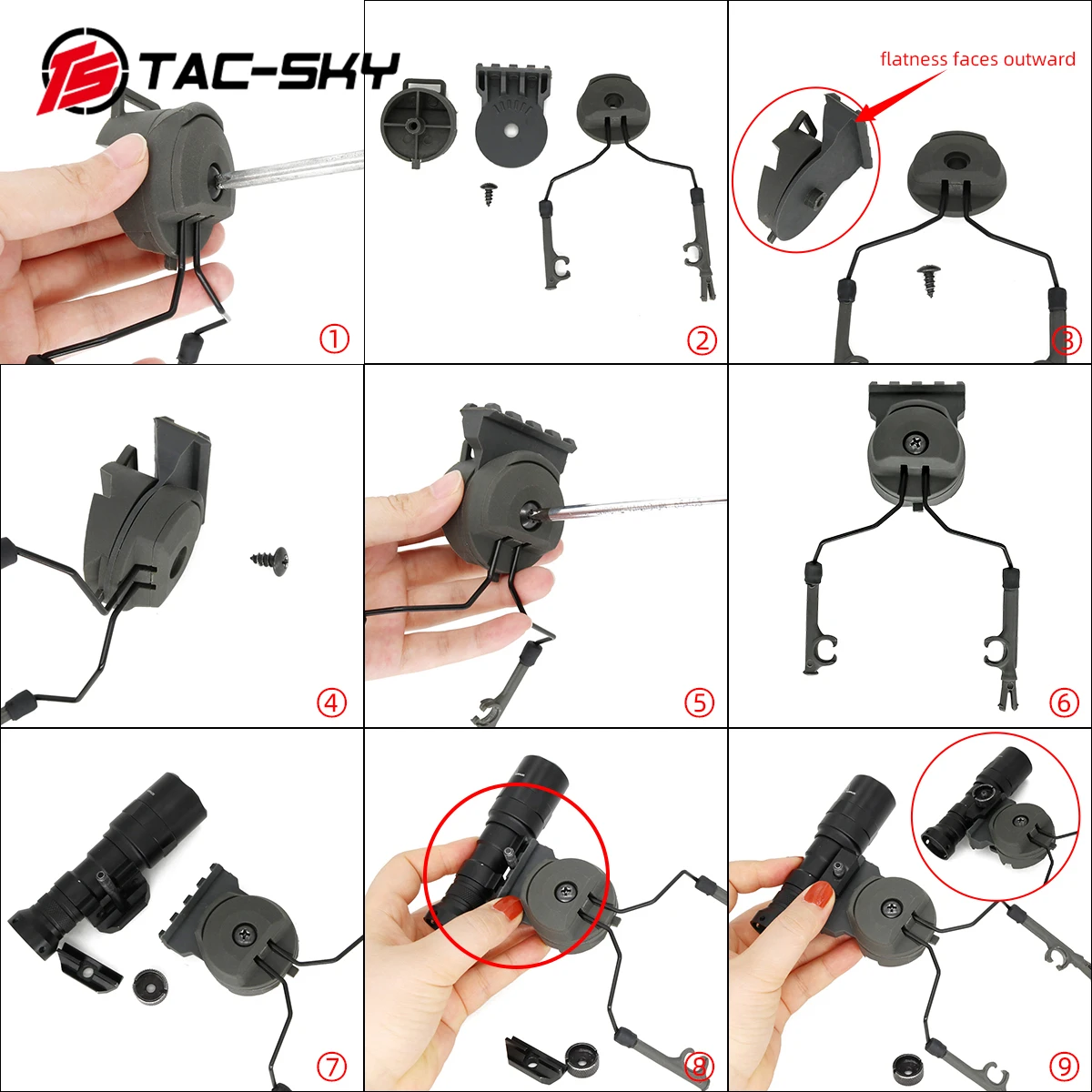 TAC-SKY Tactical Airsoft Sport Helmet Mount Torch Mount Kit ARC Rail Adapter for Tactical Flashlights