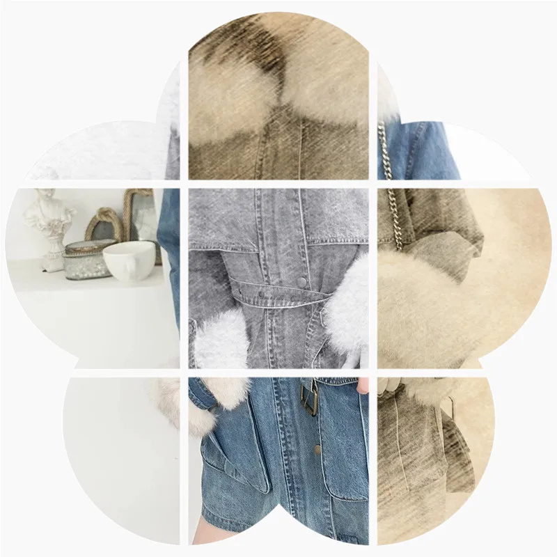 

2018 New Style Parka Overcoat Female Jeans Coat Fur Collar Mid-length Jeans Coat