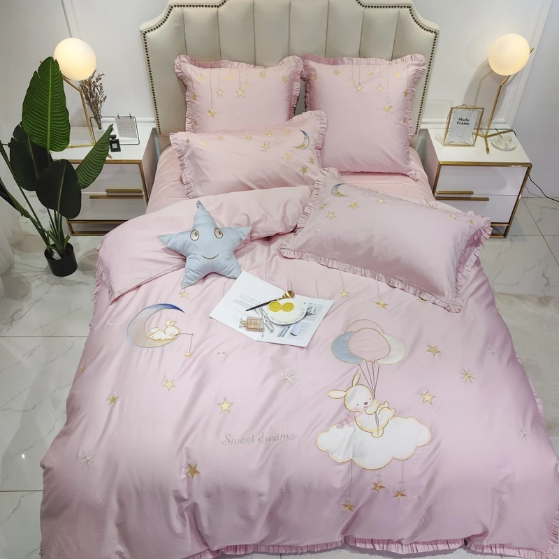 Розовый мультфильм кролик Единорог Вышивка 60S Египетский хлопок принцесса набор постельных принадлежностей для девочек пододеяльник простыня/льняной чехол для подушки