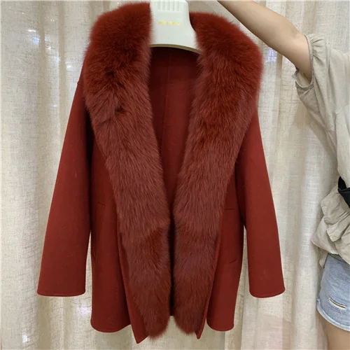 Шерстяное пальто женская зимняя куртка воротник из натурального Лисьего меха кашемировая шерстяная комбинированная верхняя одежда Уличная Женская кашемировая куртка - Цвет: Red