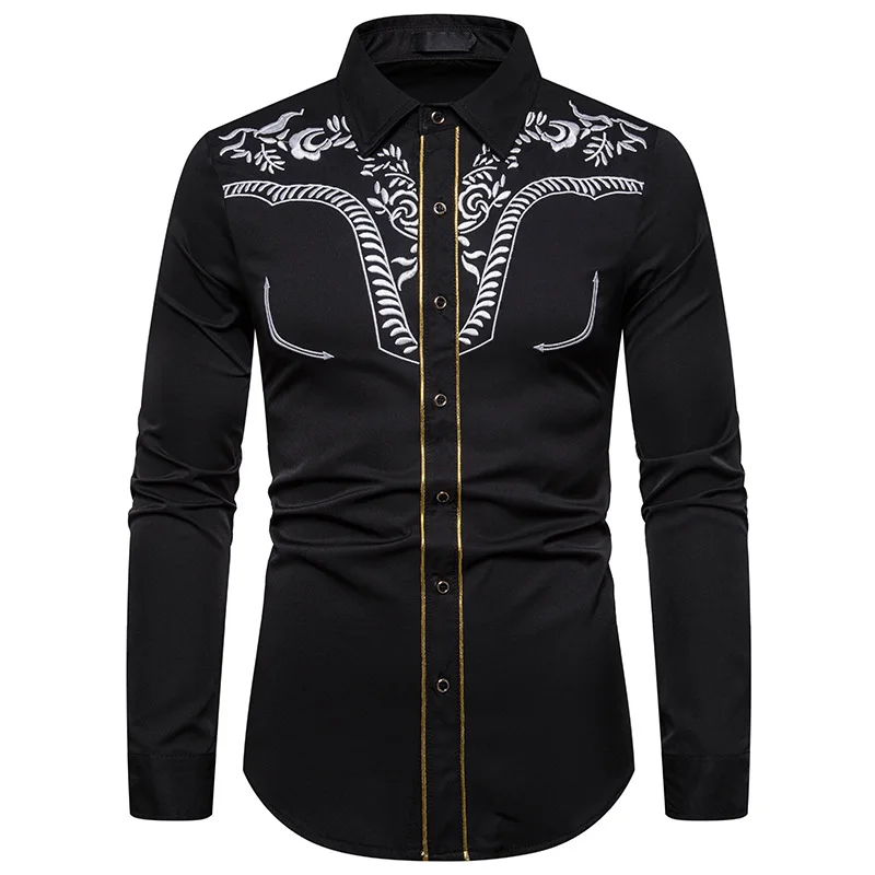 Мужская рубашка в западном стиле с цветочной вышивкой, стильные дизайнерские рубашки на пуговицах с длинным рукавом, вечерние рубашки в ковбойском стиле, Camisa Masculina, 2XL