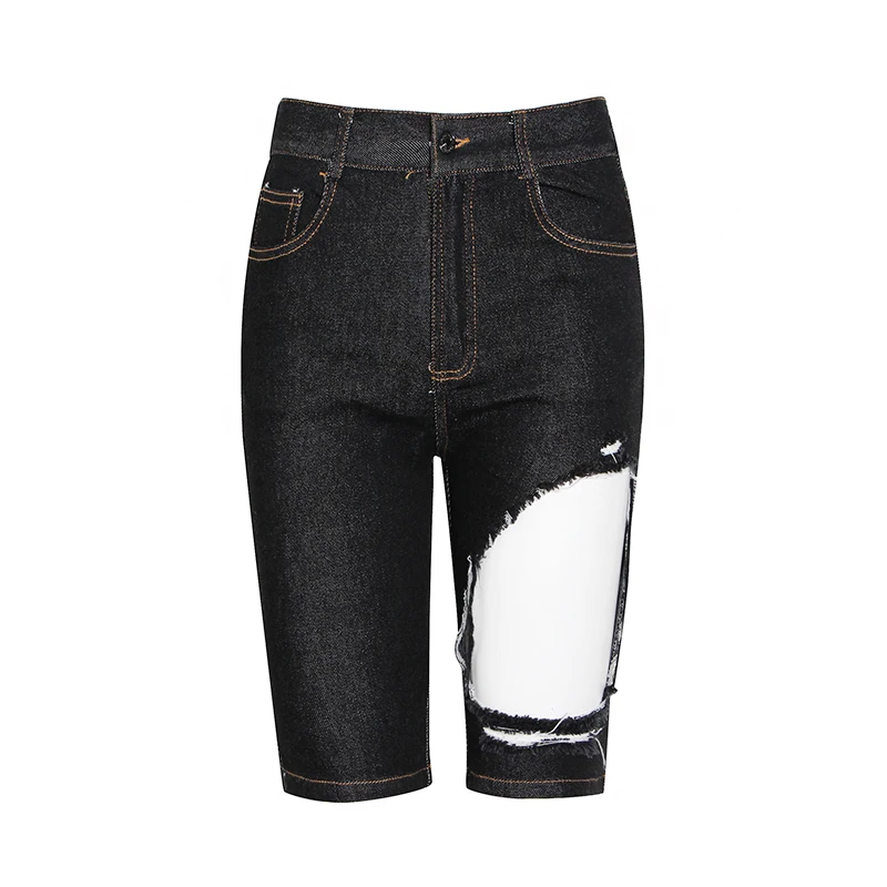 TWOTWINSTYLE Irregular Hollow Out Denim Pants For Women High Waist Pocket Knee Length Pants Female 2020 Summer Fashion New