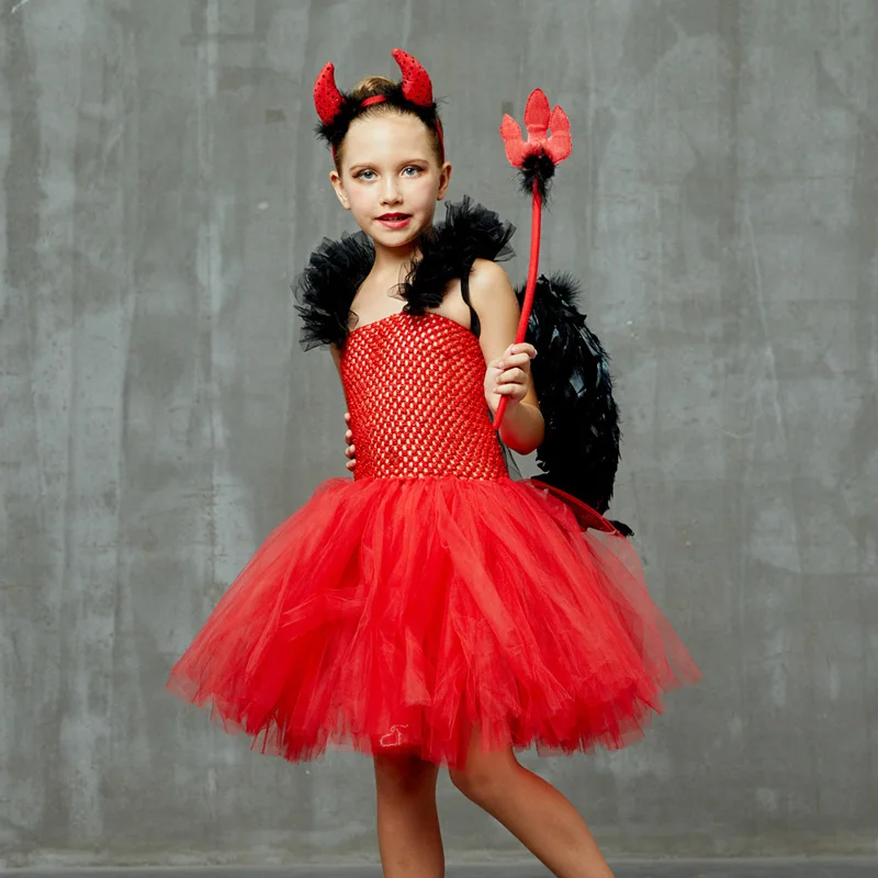 Girls Red Devil Halloween Tutu Dress with Hors Wings Pitchfork Crimson Demon Kids Fancy Dress Up Carnival Party Dress Costume (2)