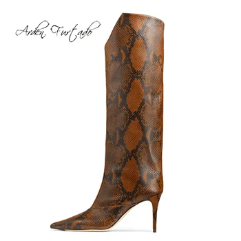 

Arden Furtado Fashion Women's Shoes Winter Serpentine Pointed Toe Stilettos Heels Slip-on Sexy Elegant Ladies Boots large size