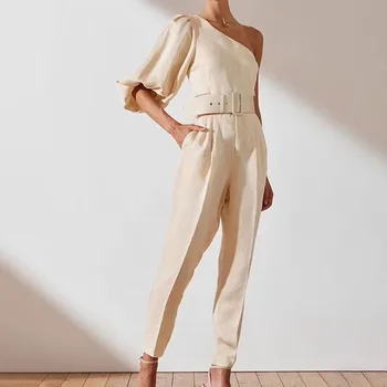 

Designer Sexy Summer One Shoulder Puff Sleeve Jumpsuits Romper Women High Waist Solid Long Jumpsuit Belt Female Casual Overalls