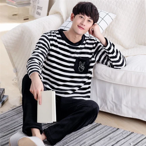 men pajamas winter 4XL размера плюс Мужские пижамные комплекты зимние Длинные коралловые флисовые Мультяшные полосатые толстые теплые пижамы для мальчиков Pijama Mujer повседневные пижамы - Цвет: men pajamas winter