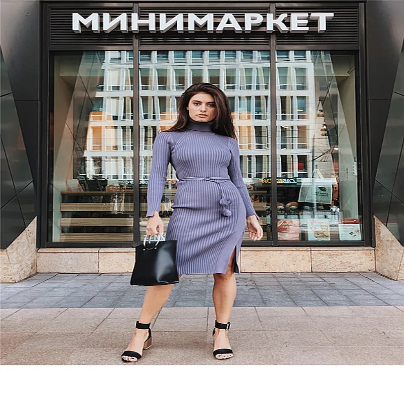 Пляжное платье распродажа шерстяное вязаное платье длиной до колена женское Новое кашемировое тонкое длинное платье с высоким воротником облегающее зимнее женское платье