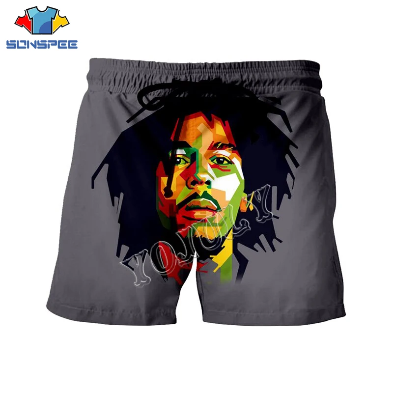 SONSPEE Summer Beach Men Board Shorts Rock Singer Bob Marley 3D Printed Funny Fashion Casual Short Pants Unisex Swimming Shorts