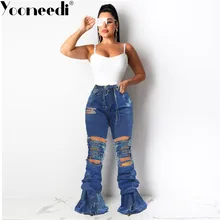 Yooneedi осенний дизайн высокого уличного размера плюс женские джинсовые цветные однотонные с оборками и дырками стильные женские джинсовые штаны HSF-2105