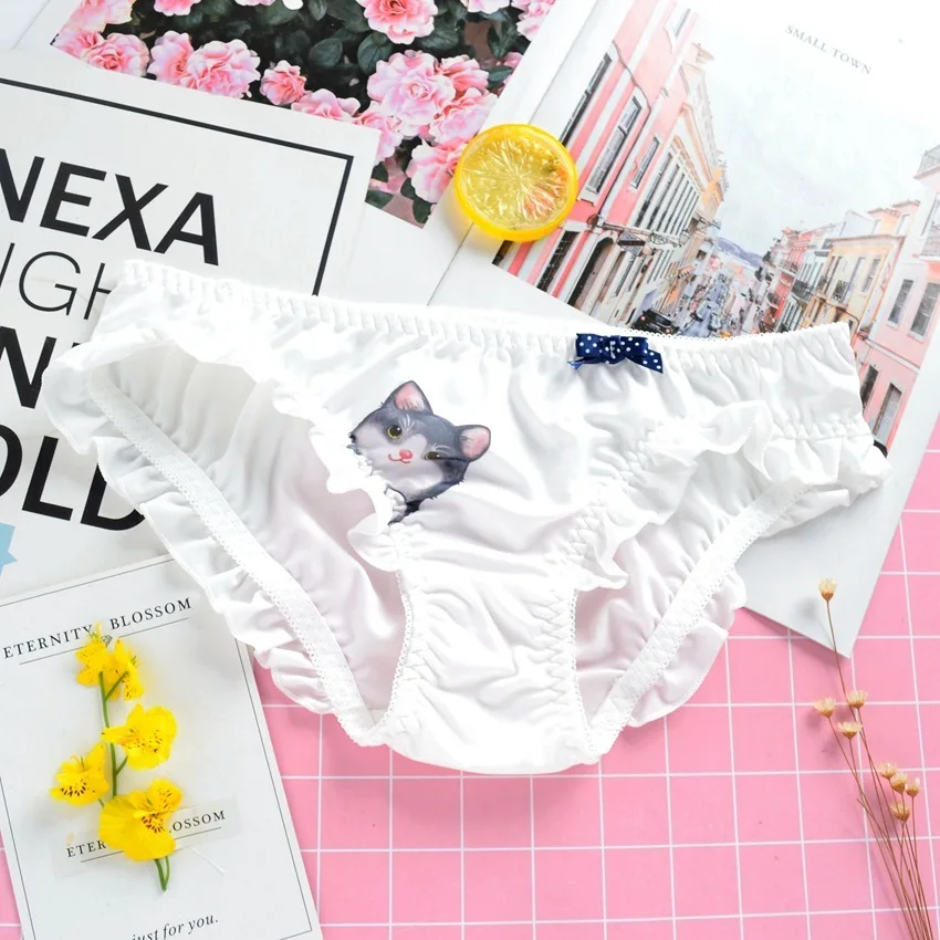 SP& CITY женское нижнее белье с милым рисунком кота из мультфильма для женщин, сексуальные трусики, бесшовные трусы с оборками по бокам, молочное шелковое кружевное белье - Цвет: White dog