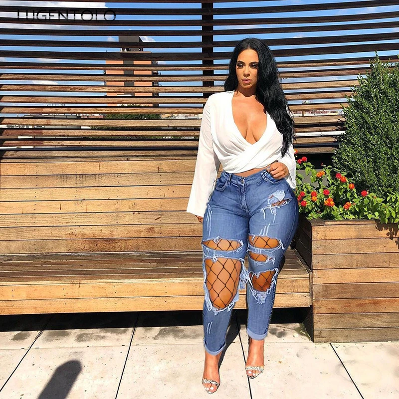 Lugentolo vaqueros con agujeros para mujeres, pantalones informales para medias de rejilla para mujer, ajustados, Vaqueros largos sexys para Calle|Pantalones vaqueros| - AliExpress